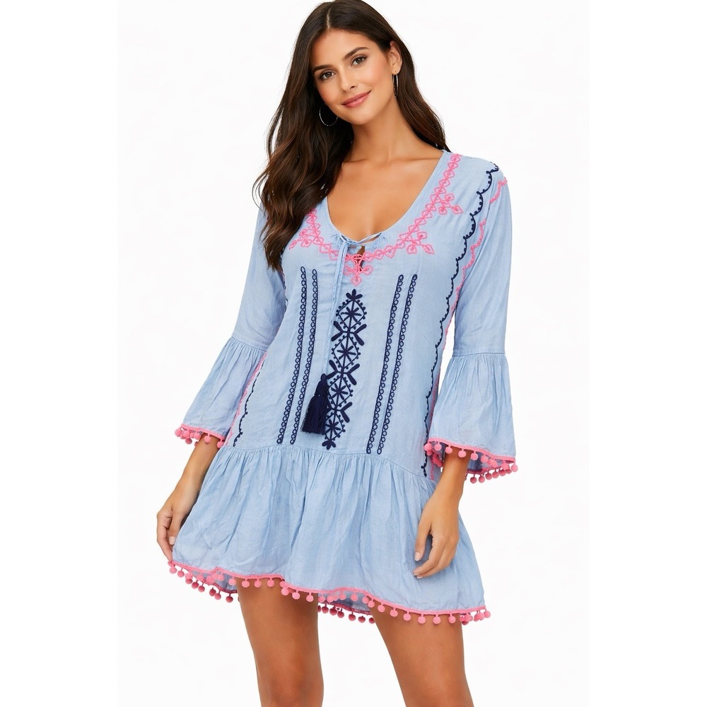 Body Glove Blue Embroidered Tunic Cover Up Pom Pom Boho Beach Swim S/M